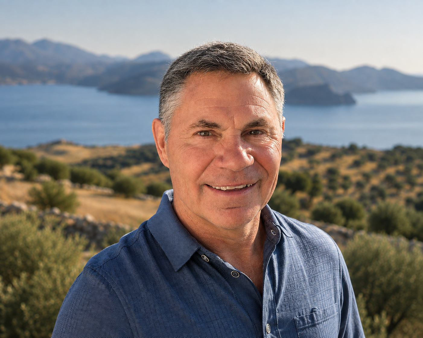 Jeff Johnson outdoors with mountains and water in the background